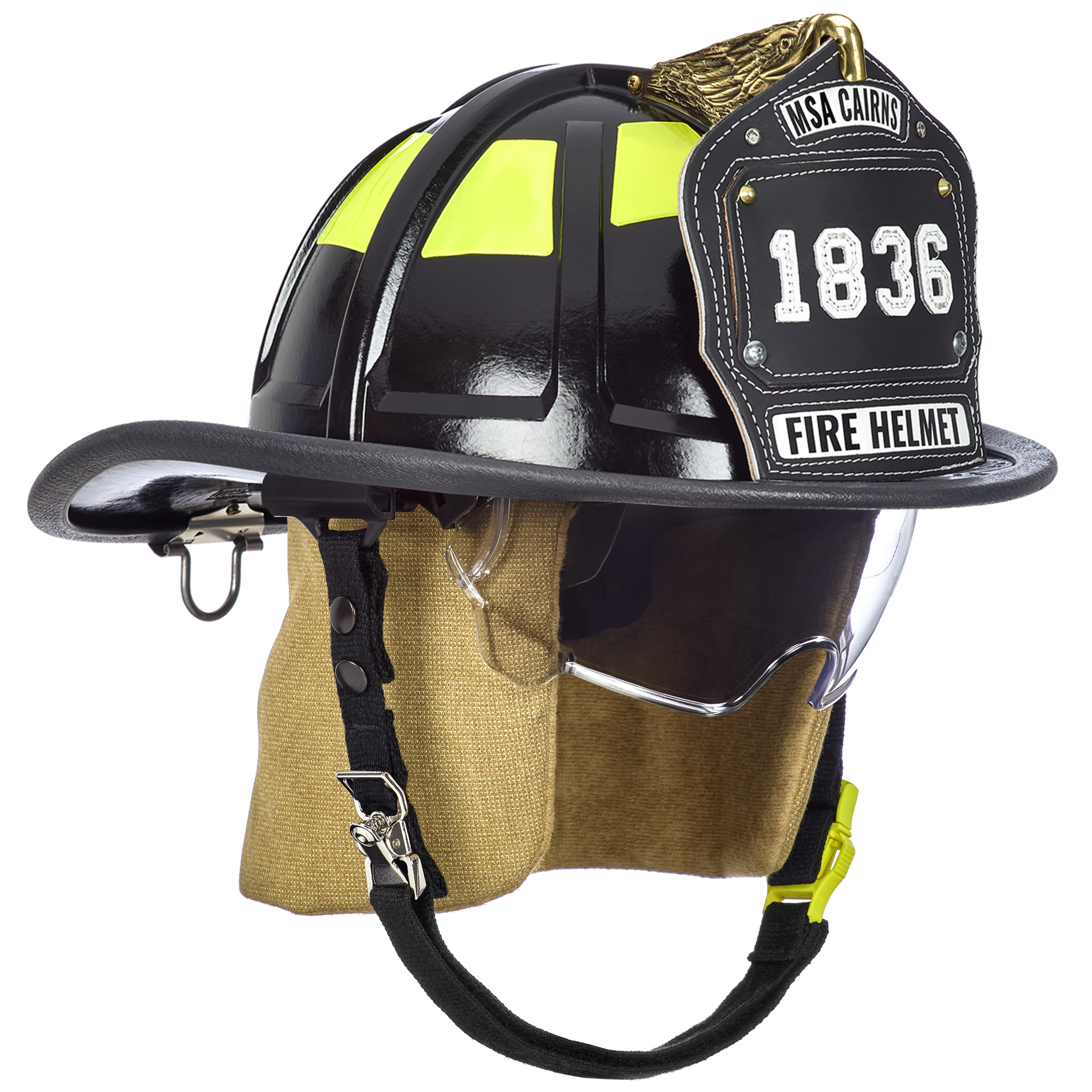 Cairns 1836 Black Fire Helmet, with deluxe leather liner, clear Defender Visor, PBI earlaps, 6" carved eagle, Reflexite lime yellow